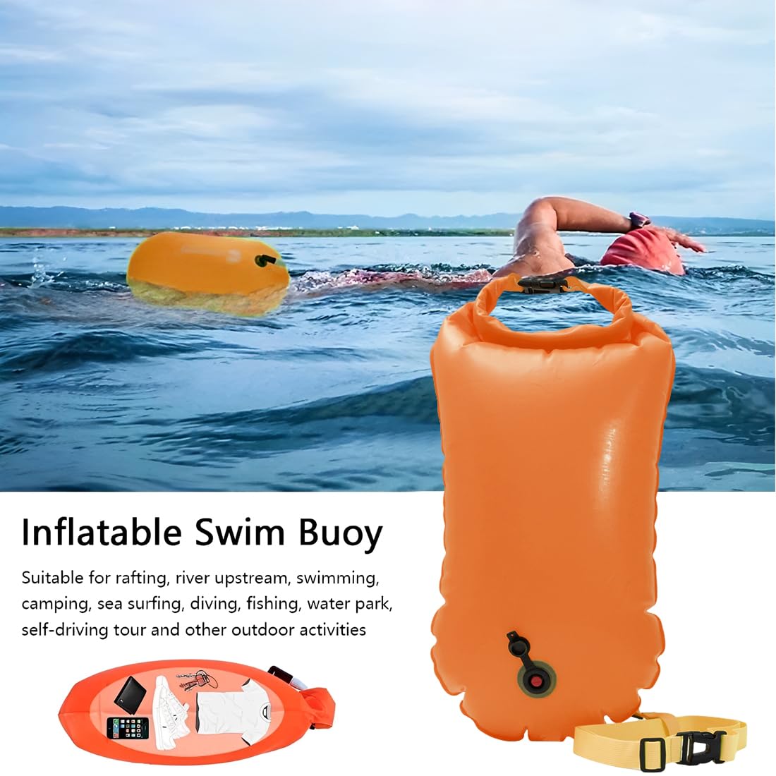 IKOPFLN Boa da Nuoto 15L con Sacca Impermeabile – 2 in 1 Galleggiante con Cintura Regolabile – Ideale per Nuoto in Acque Libere, Triathlon, Kayak, Surf e Snorkeling