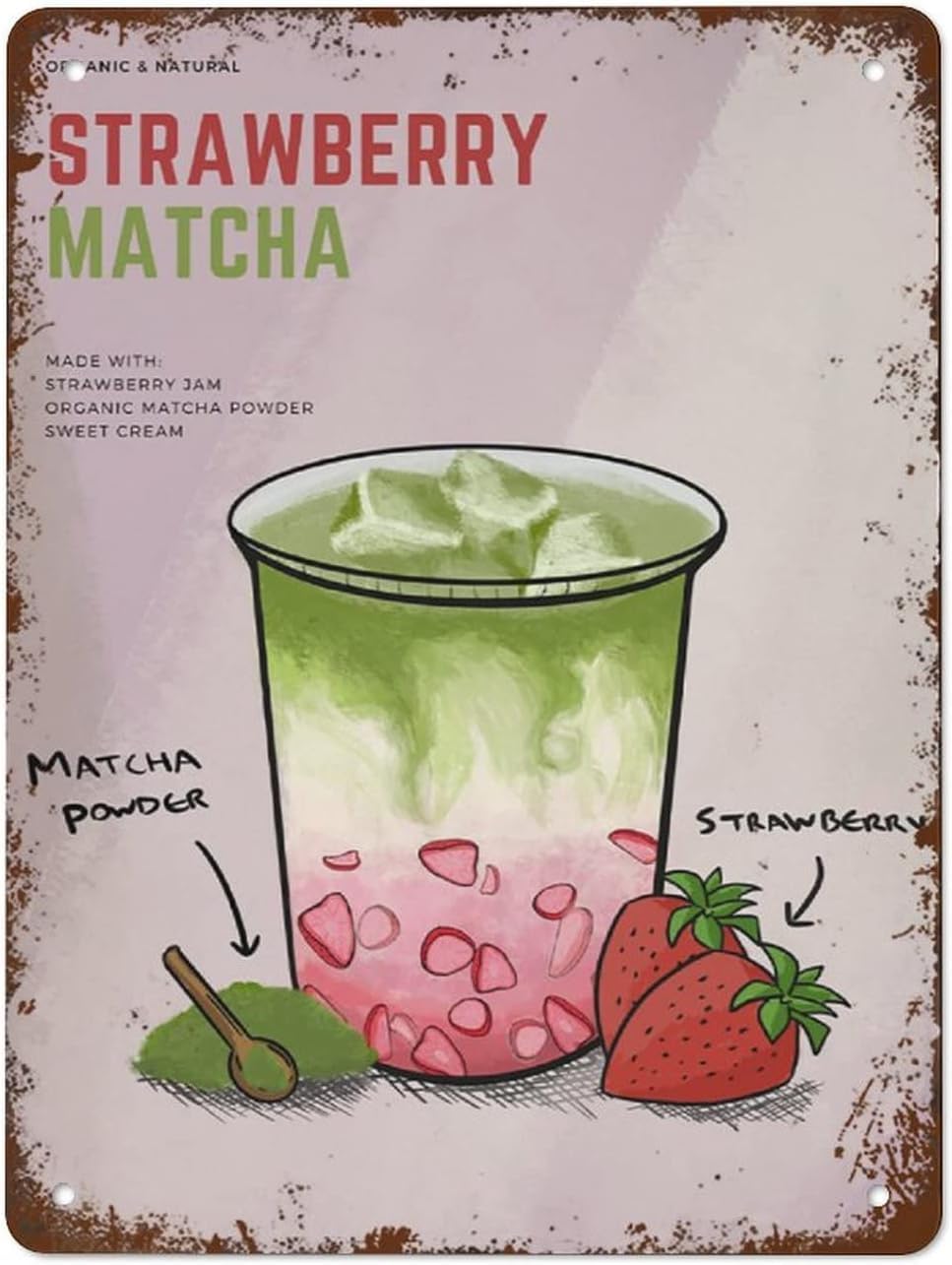 Pibonto Boys Wall Art Strawberry Matcha Milk Tea Drink Art Home Decor Kitchen Poster Cafe Bar Sign Poster Girls Modern Home Bedroom Decor 5.5X8 Inch