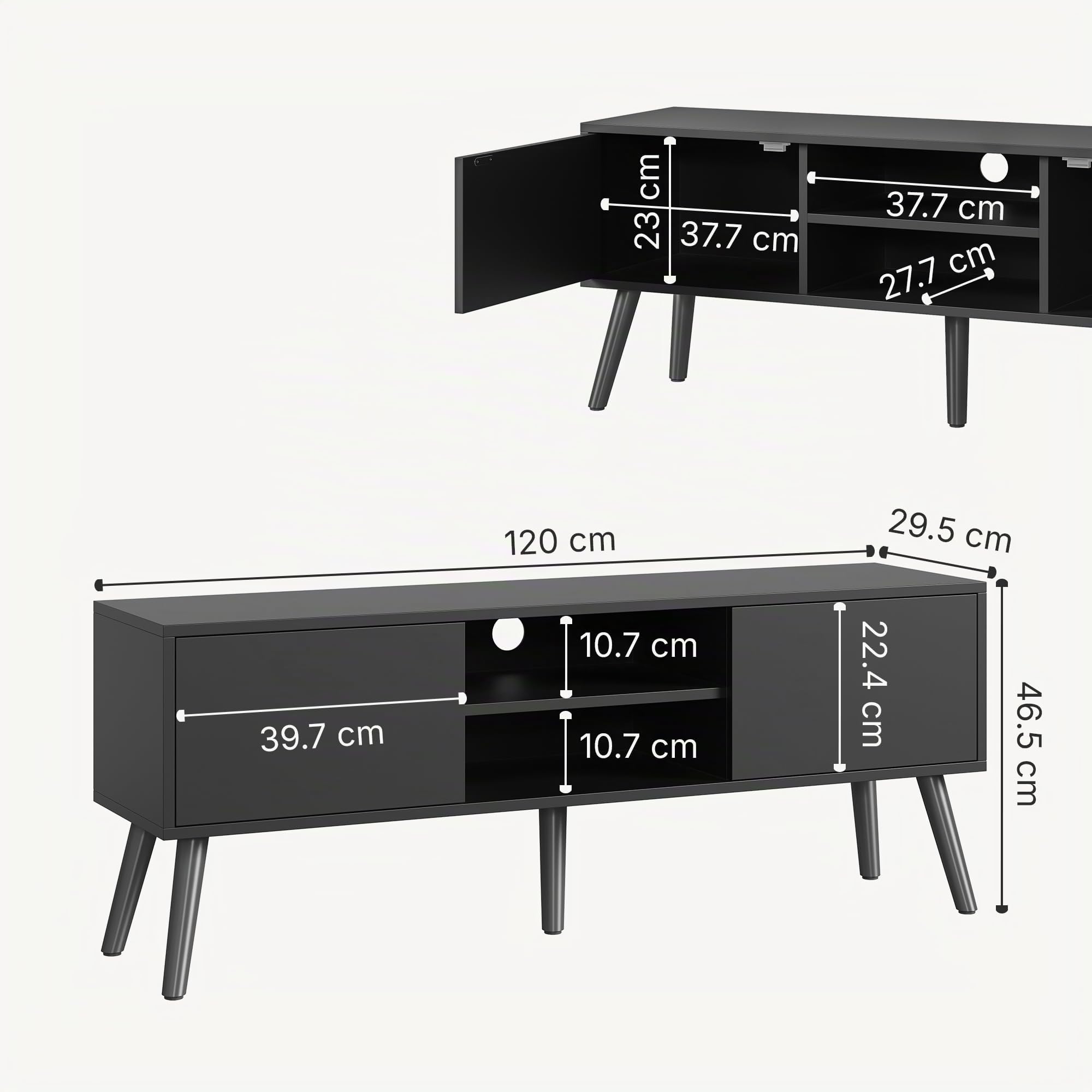 [en.casa] Mesa de Tele Eskilstuna 120 x 29,5 x 46,5 cm Soporte de Televisión Cómoda Mueble de salón para TV 2 Puertas y 2 Estantes Abiertos 5 Patas Almacenamiento Gris Oscuro y Negro