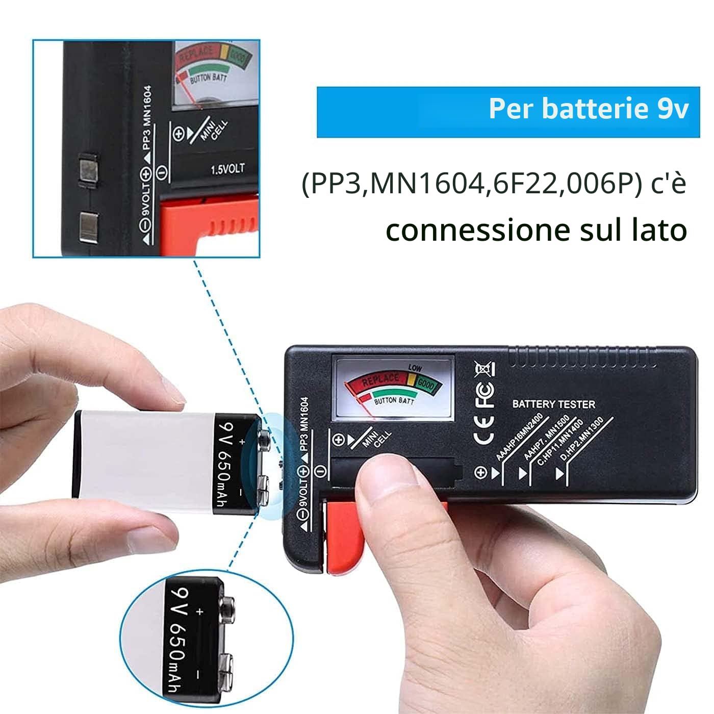 Tester per Volt per batterie AA AAA C D 9V 1,5V