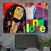 SIGNWIN Framed Canvas Wall Art Ziggy Marley One Love Colorful Painting Graffiti & Street Art Famous People Pop Art Modern Urban Multicolor for Living Room, Bedroom, Office - 12x18 inches