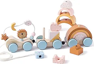 Wooden Train Toys Set Wooden Stacking Train for Toddler Animal Train Toy Montessori Toys for 1 2 3 Boy Girl Christmas Birthday Gift