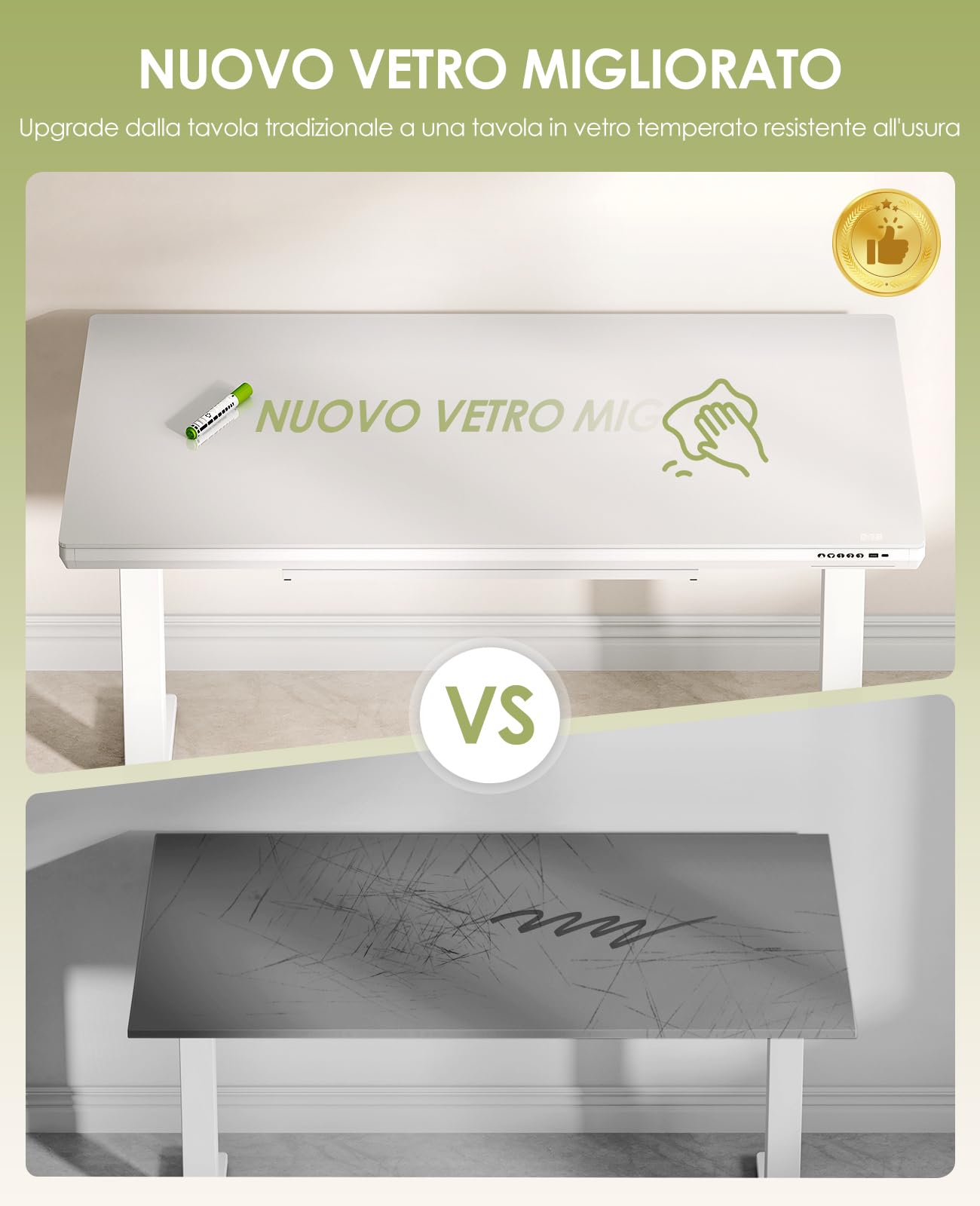 OffiGo Scrivania Regolabile in Altezza Elettrica, 140 x 60 cm, Top in Cristallo Monoblocco, Scrivania in Vetro con Cassetto e Porte USB e Type-C, Scrivania da Sede/Standing, per Casa e Ufficio, Bianco