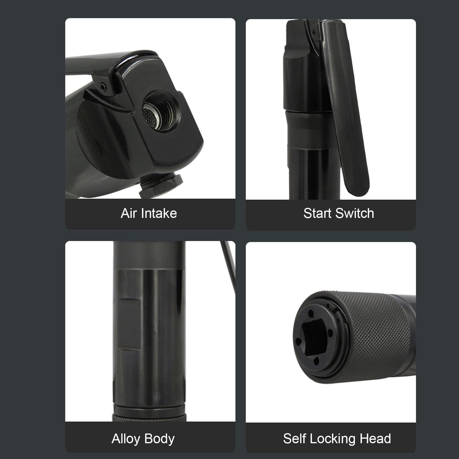 SIXRUN Kit de Pala Neumática de Aleación de Aluminio con Cincel Neumático de Tipo Recto, Cabezal Autoblocante de 4000 BPM, Entrada de 1 4 Pulgadas para Piezas Fundidas, Ranuras para Soldar, (Estilo