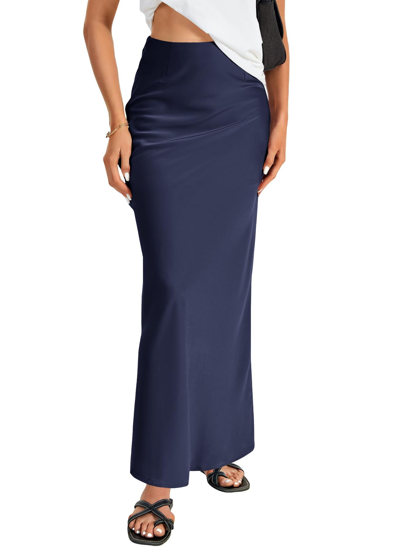Vrtige Women's Elegant Satin Silky High Waist Zipper Flowy A Line Maxi Long Skirt