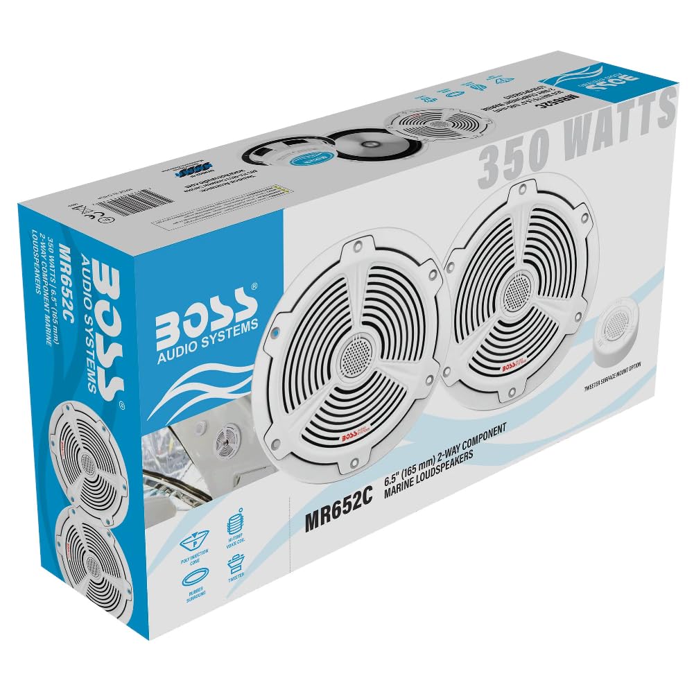 KIT SET PARA BOSS AUDIO SYSTEMS MR652C 2 altavoces coaxiales marinos Sistema de 2 vías 16,5 cm 6,5" de diámetro, 175 vatios rms 350 vatios max, 4 ohmios, 90 db, resistente al agua, barco, mar, por par