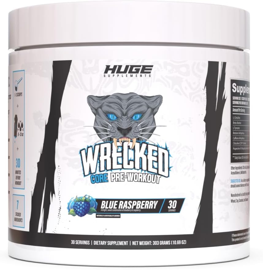Wrecked Core – All-in-One Pre-Workout Supplement for Men & Women, Increase Energy, Focus & Pumps with L-Citrulline, Beta-Alanine, L-Tyrosine & More (30 Servings) – Blue Raspberry