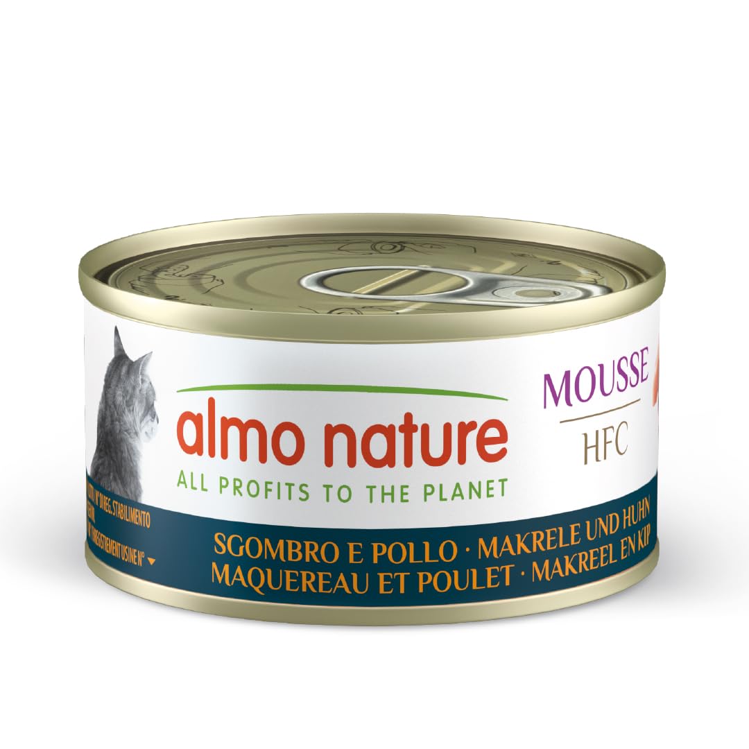 Almo Nature HFC Mousse - Wet Cat Food for Adult Cats - Mackerel and Chicken - Human Grade, Gluten Free - 70g, Pack of 24