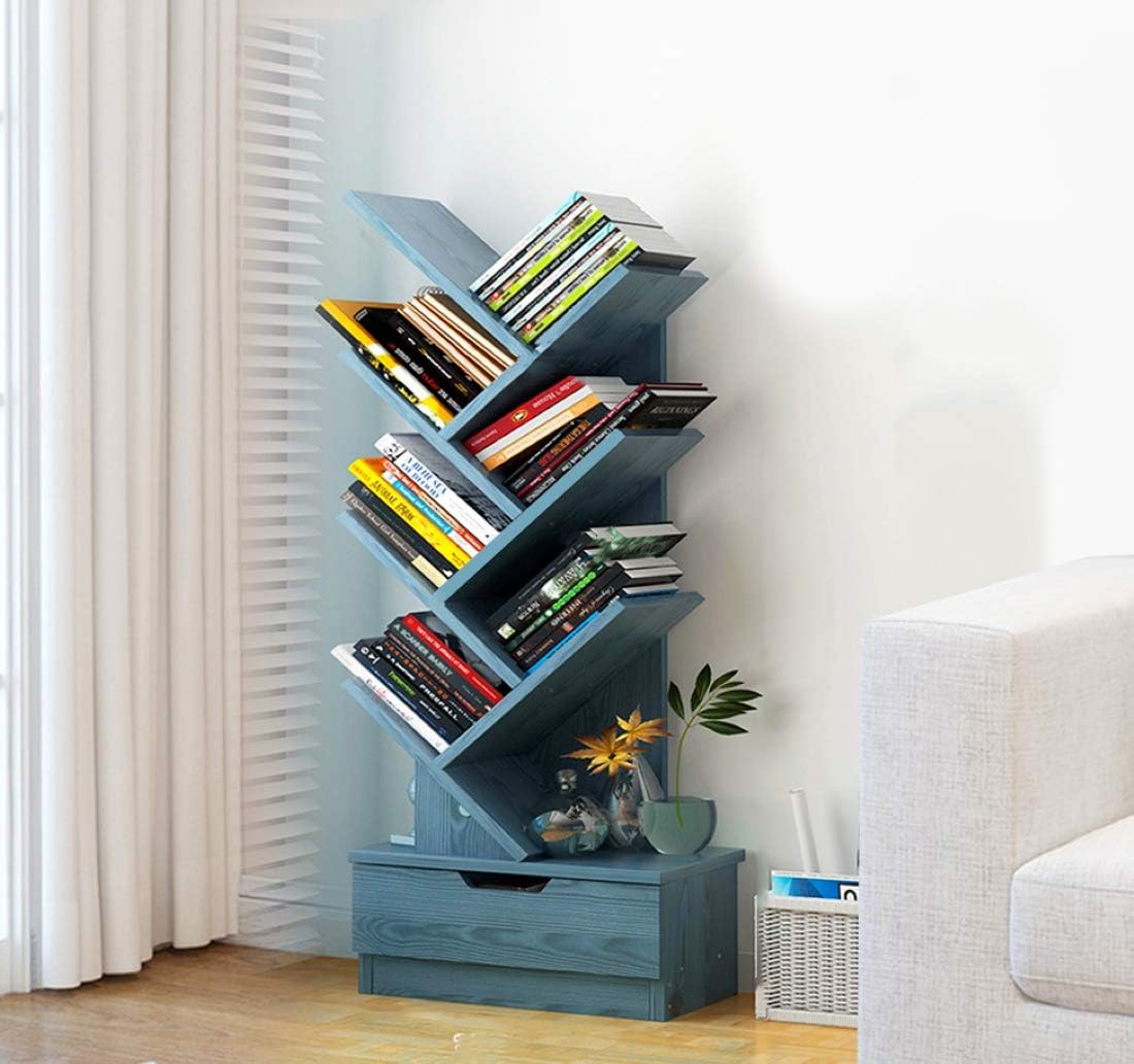 Tree Bookshelf, 8-Tier Tree Bookcase Black Small Bookcase Wood Compact Book Rack Organizer Shelf Display for CDs, Movies & Books (Nordic Blue)