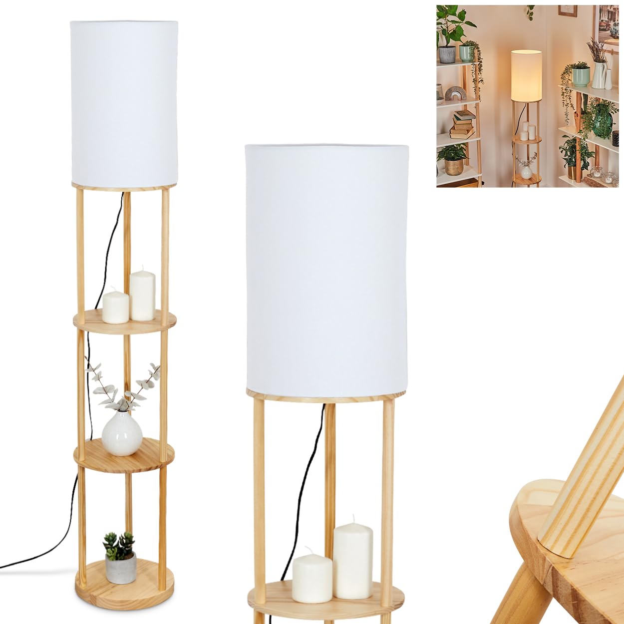 Lampa podłogowa Hamaa, lampa stojąca wykonana z drewna/tkaniny w kolorach naturalnych/białych, skandynawski design, klosz Ø 26 cm, półki i włącznik nożny, wysokość 150,5 cm, 1 x E27, bez żarówki