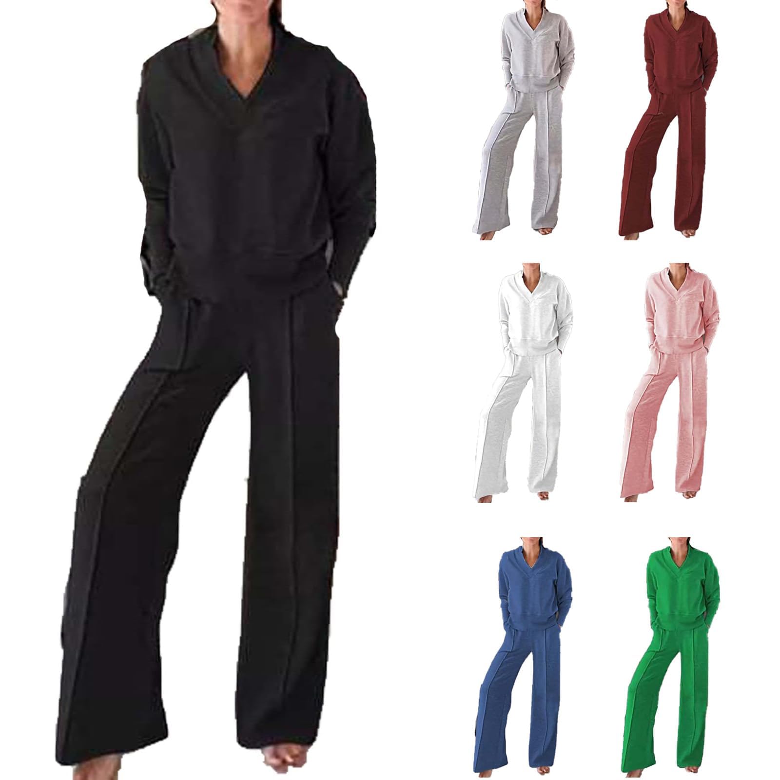 Conjunto de Dos Piezas de Top y pantalón con Escote en V de Color Liso para Mujer, Conjuntos Casuales de Mujer con Pantalones Largos de Pierna Ancha, Conjunto de salón de otoño (M,Black)