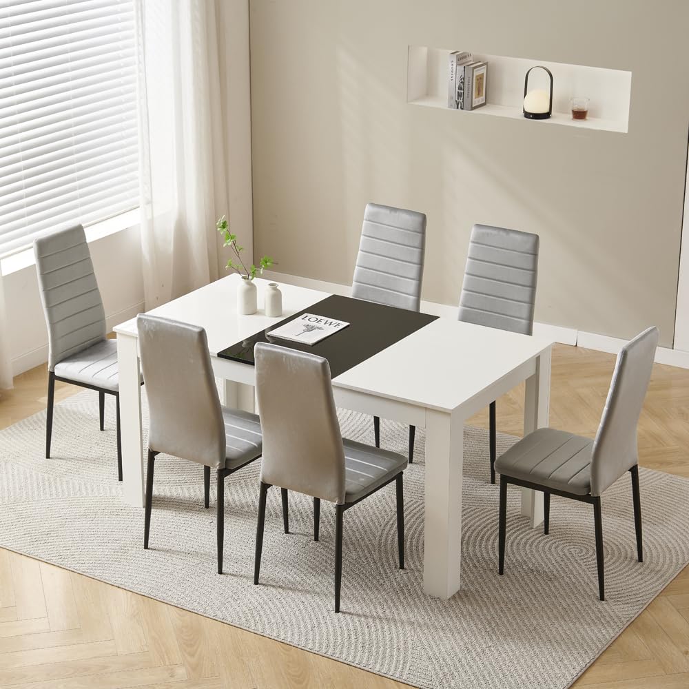 Homullel 150 cm Dining Table and 6 Chairs, 6 Seater Table and Chairs Set, Kitchen Dining Room Set for 6, Compact, Space Saving (Flannel Grey, 150cm, 6 Seats)