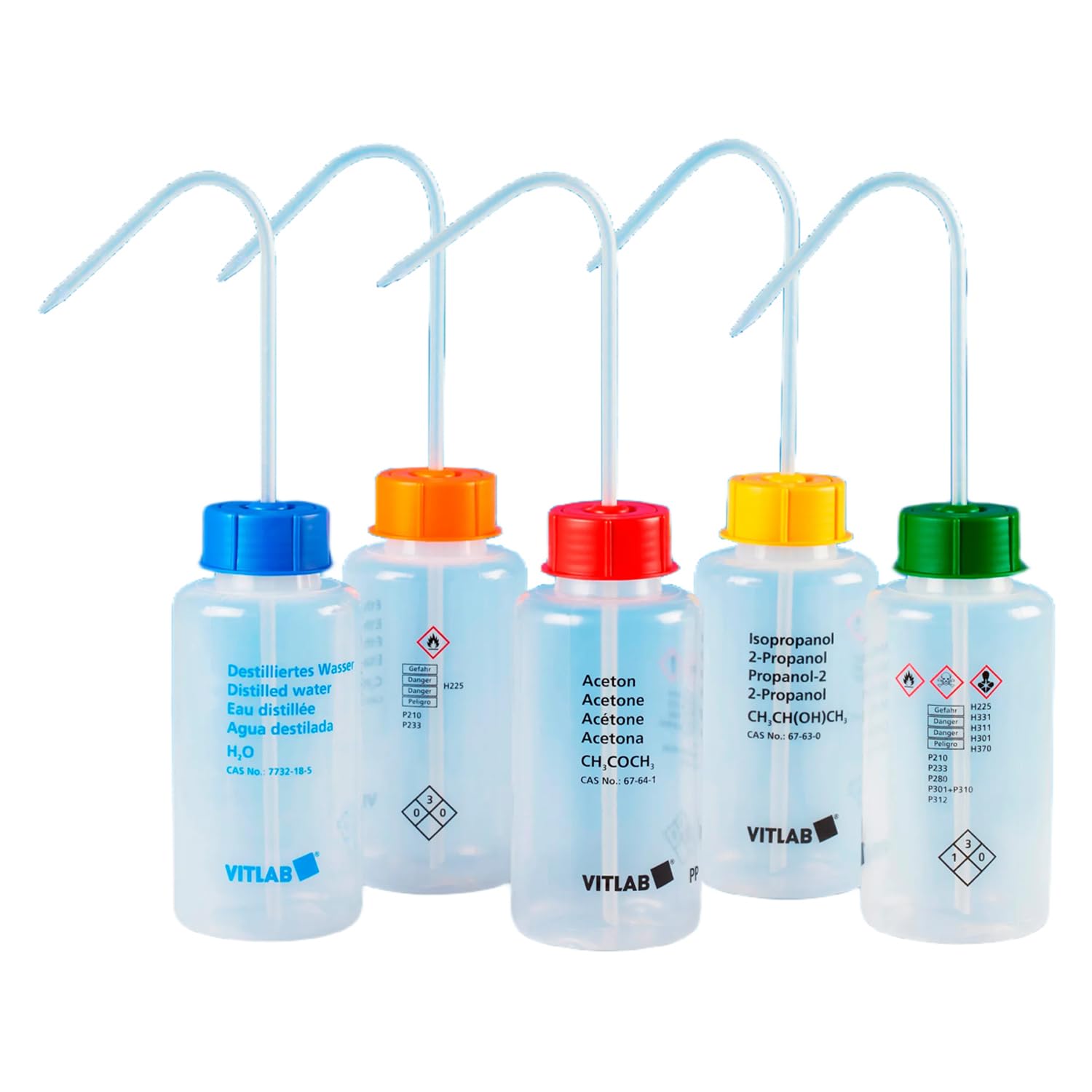 Vitlab VITsafe LDPE Sicherheitsspritzflasche mit Blau Vent-Cap Schraubverschluss/Spritzrohr, Weithals, GL 45 Gewinde, Dest.-Wasser, 500ml Kapazität, 76mm Durchmesser, 166mm Höhe, 12 Stück