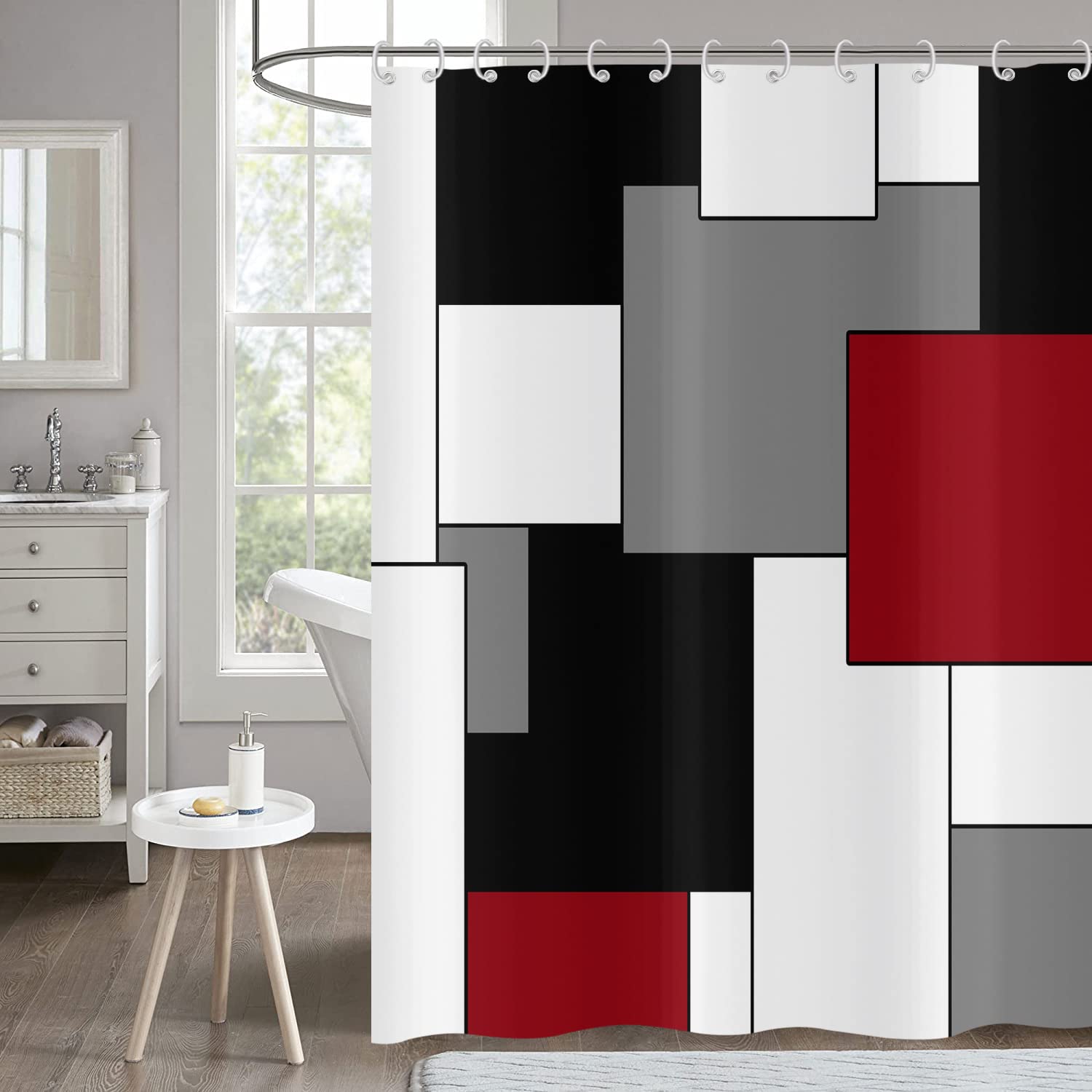 Hnmdmyi Red Shower Curtain 150x180, Grey Black and White Shower Curtains Modern Geometric Decorative Bathroom Curtains with Hooks Waterproof Polyester Fabric Washable Bath Curtains for Wet Room