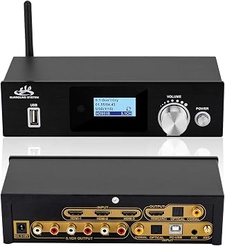 5.1 Surround Sound Decoder Separator Converter for DTS AC3, 4K 60Hz HDMI 3 in 1 Out, HDCP 2.2 HDR, Digital Analog Audio Video System 192Khz/24Bit, with BT-5.0 Receiver Black, 4K 60Hz