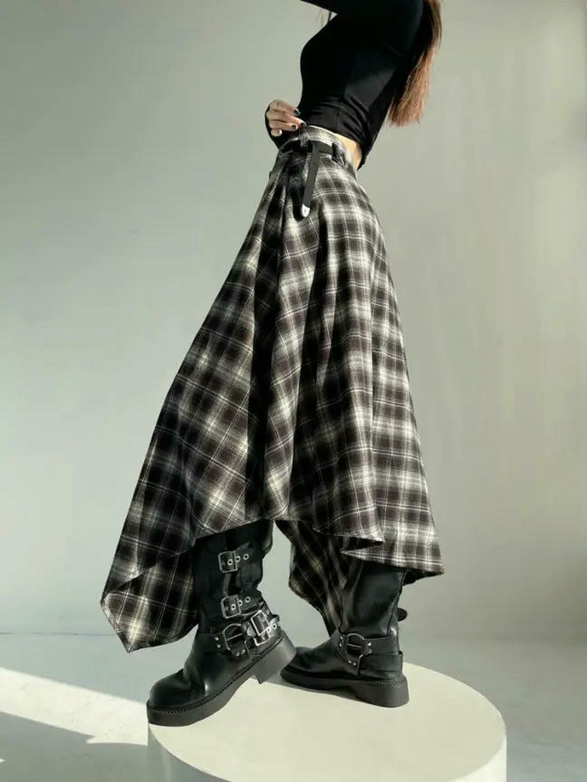 Gonna Lunga Gonne Lunghe di Lana da Donna 2025 Goth Lolita Autunno Inverno Vita Alta con Volant Scozzese Asimmetrica Maxi Cintura-Blu-XL