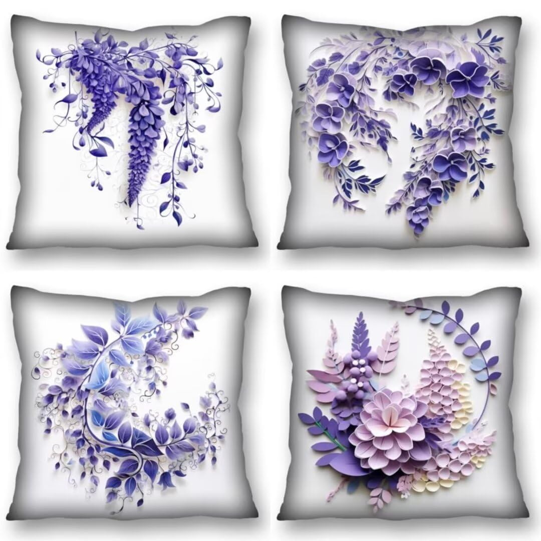 Juego de 4 Fundas de Cojines 70x70 cm Cojines Púrpura flor Funda Cojin Cuadrados de Lino Fundas Cojines Sofá Cojines Decorativos para Salón Sofá Dormitorio Coche Jardín Silla Decoración del Hogar