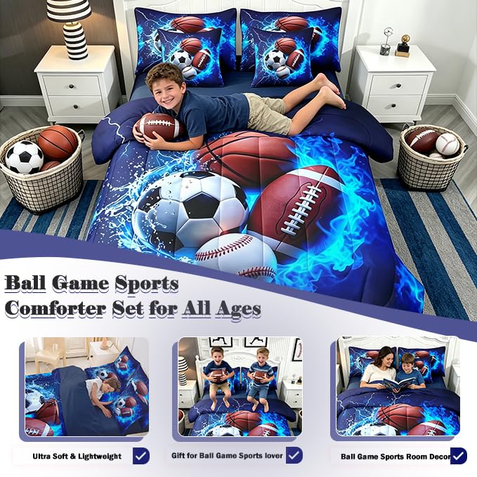 Image of Feelyou Boys Sports Comforter Set King Size 7 Pieces Football Baseball Soccer Bedding Set for Kids Boys Basketball Bed in a Bag with Comforter,Sheet,Pillow Cover Ball Game Sports Room Decor Quilted