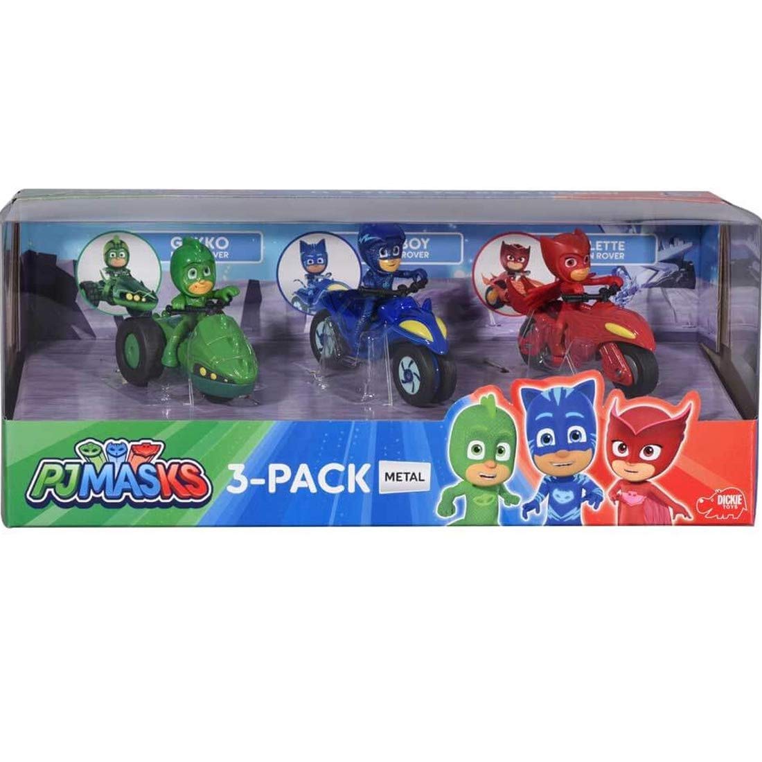 Dickie Toys- PJ Masks Set 3 Motos 7cm, Gatuno, Gecko y Buhíta, Hechos en Metal, Licencia 100% Oficial, Niños y Niñas Todas Las Edades (203143000)