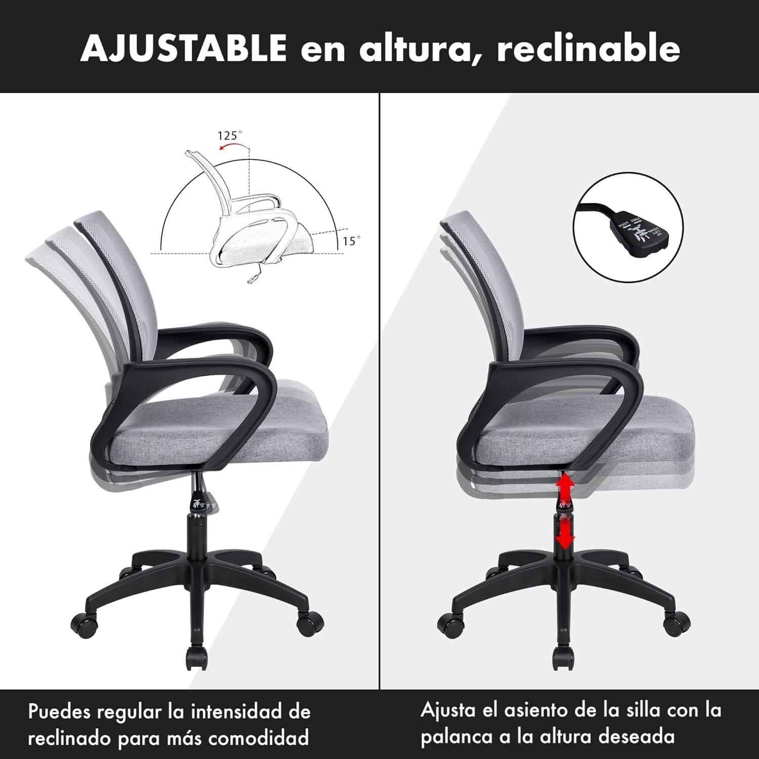 M1C - Silla de Oficina o Escritorio Ergonómica con Soporte Lumbar, Malla Transpirable, Regulable en Altura, Ruedas antiarañazos, Color Gris