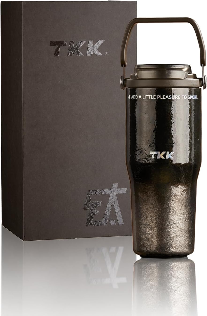 TKK Vaso interior de titanio puro de 24 onzas con tapa con pajilla, taza aislada al vacío, taza de viaje de doble pared con asa, apto para