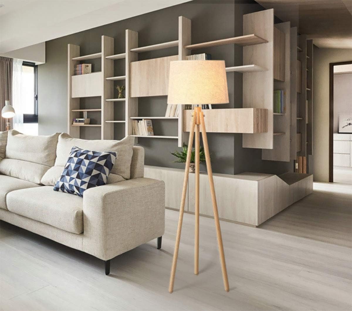 GDLight Wood Tripod Floor Lamp with Linen Cloth Lampshade Modern Minimalism Standing Light Reading Light for Living Room Bedroom, E27