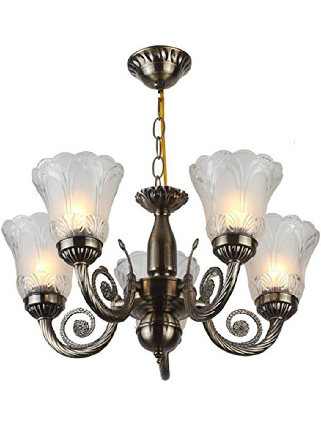 Somil Antique 5-Light Chandelier with Glass Shades, White Lighting Effect, Metal Fitting. LED Compatible. Dia: 46.5 X 46.5 X 48 Cm.