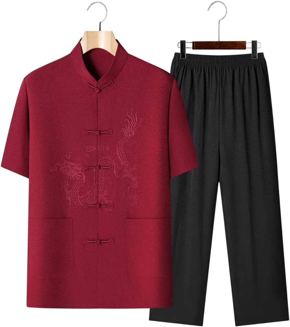 Men's Embroidered Tang Suit Set Short Sleeve Open Front Top and Ankle Pants 2 Piece Outfit