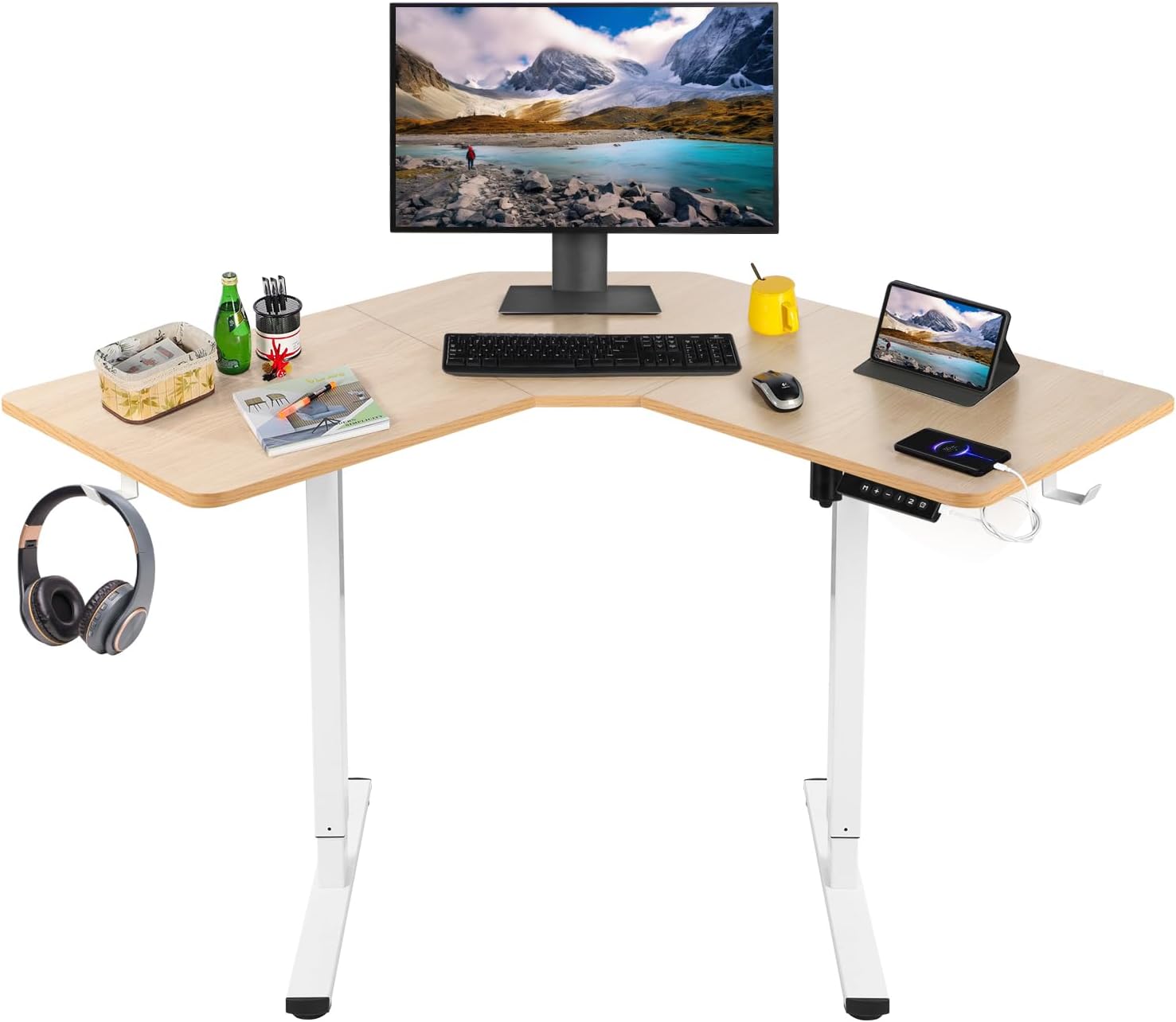 BELIWIN Height Adjustable Electric Standing Desk,L-Shaped Computer Desk with 2 Charging Sit Stand Desk 110×110 cm Gaming Desk Home Office Stand up Desk (Beige) BELIWIN Height Adjustable Electric Standing Desk,L-Shaped Computer Desk with 2 Charging Sit Stand Desk 110×110 cm Gaming Desk Home Office Stand up Desk (Beige)