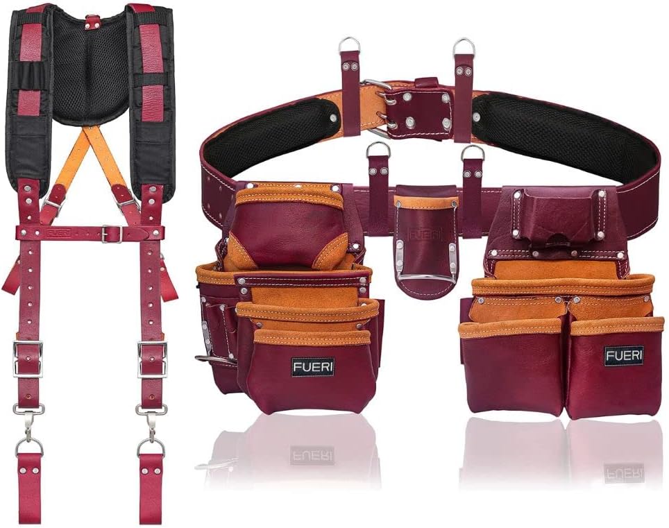 FUERI Leather Tool Belt Suspender with Heavy Duty 19 Pocket