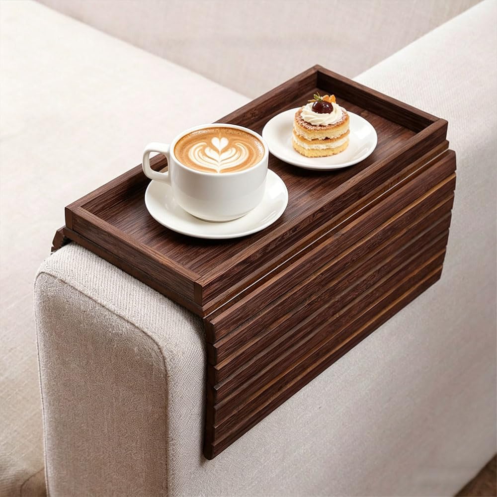 Bamboo Sofa Arm Tray, Foldable Couch Arm Tray Table, Anti Falling Wooden Tray, Portable Sofa Armrest Trays for Snacks, Drinks, Cups, Remote Control