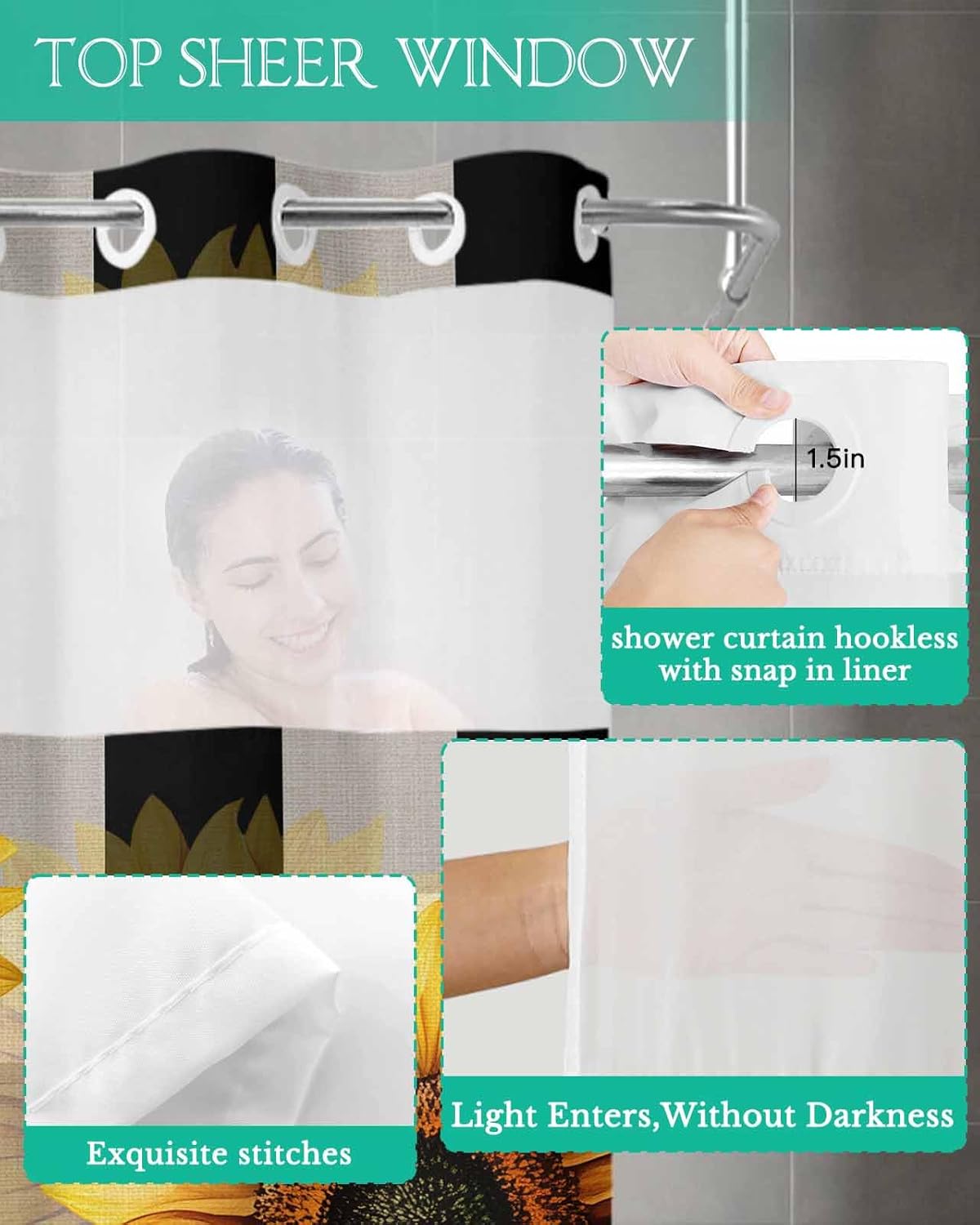 No Hook Shower Curtain with Snap in Liner Set,Farm Yellow Sunflower Classic Buffalo Waterproof Fabric Shower Curtains Watercolor Rustic Floral Double Layer Bath Curtain for Bathroom,36Wx72L