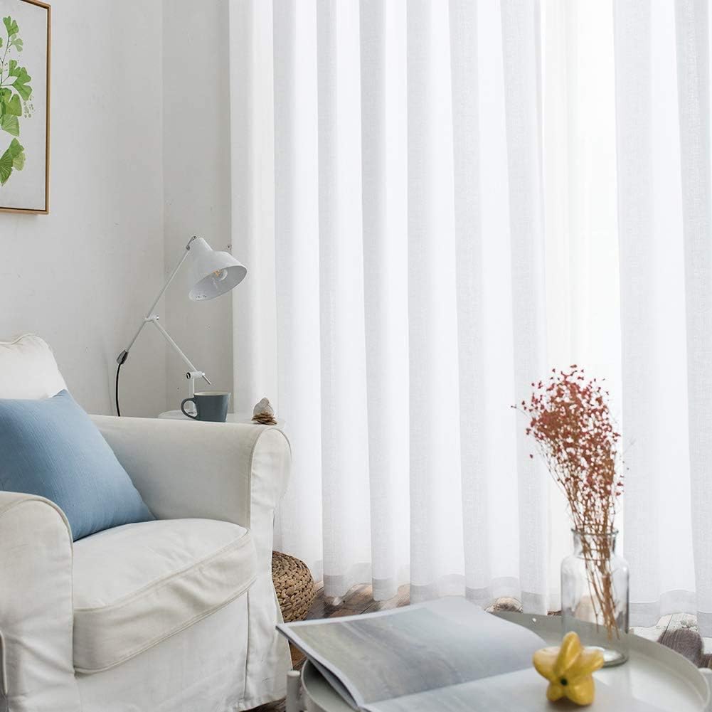 Melodieux 2 Panel Faux Linen Voile Net Curtains Semi Sheer Ring Top Drapes for Bedroom, Living Room, Window - White, 55 x 54 inch drop (140 x 137cm)