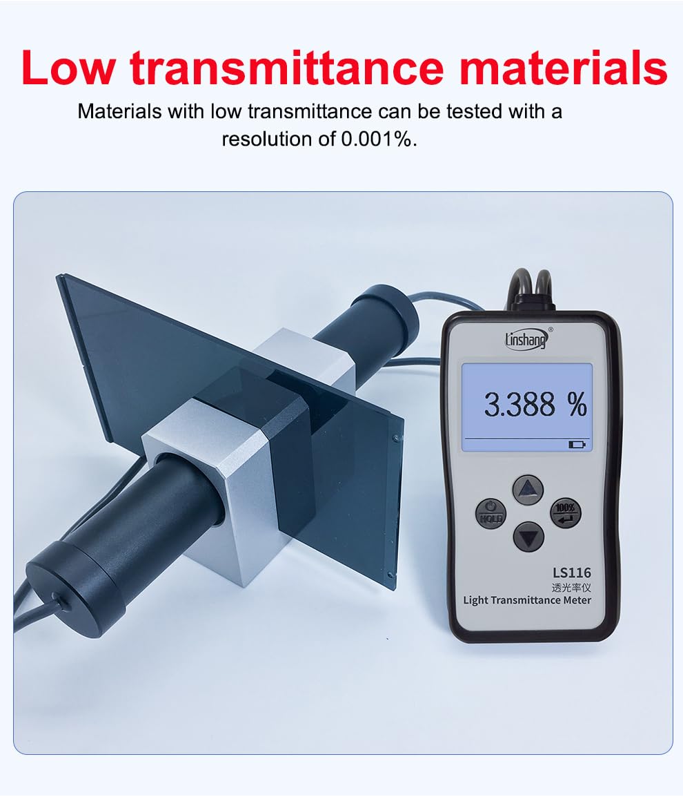 Linshang LS116 displaying a low transmittance reading of 3.388% for a dark material.