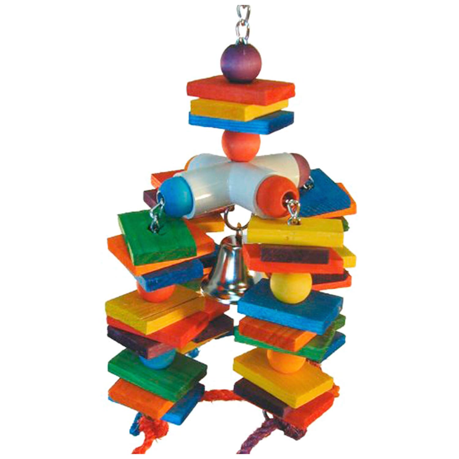 Super Bird Creations SB440 4 Way Play Bird Toy with Colorful Wooden Blocks & Ringing Bell, Large Bird Size, 15” x 7” x 7”