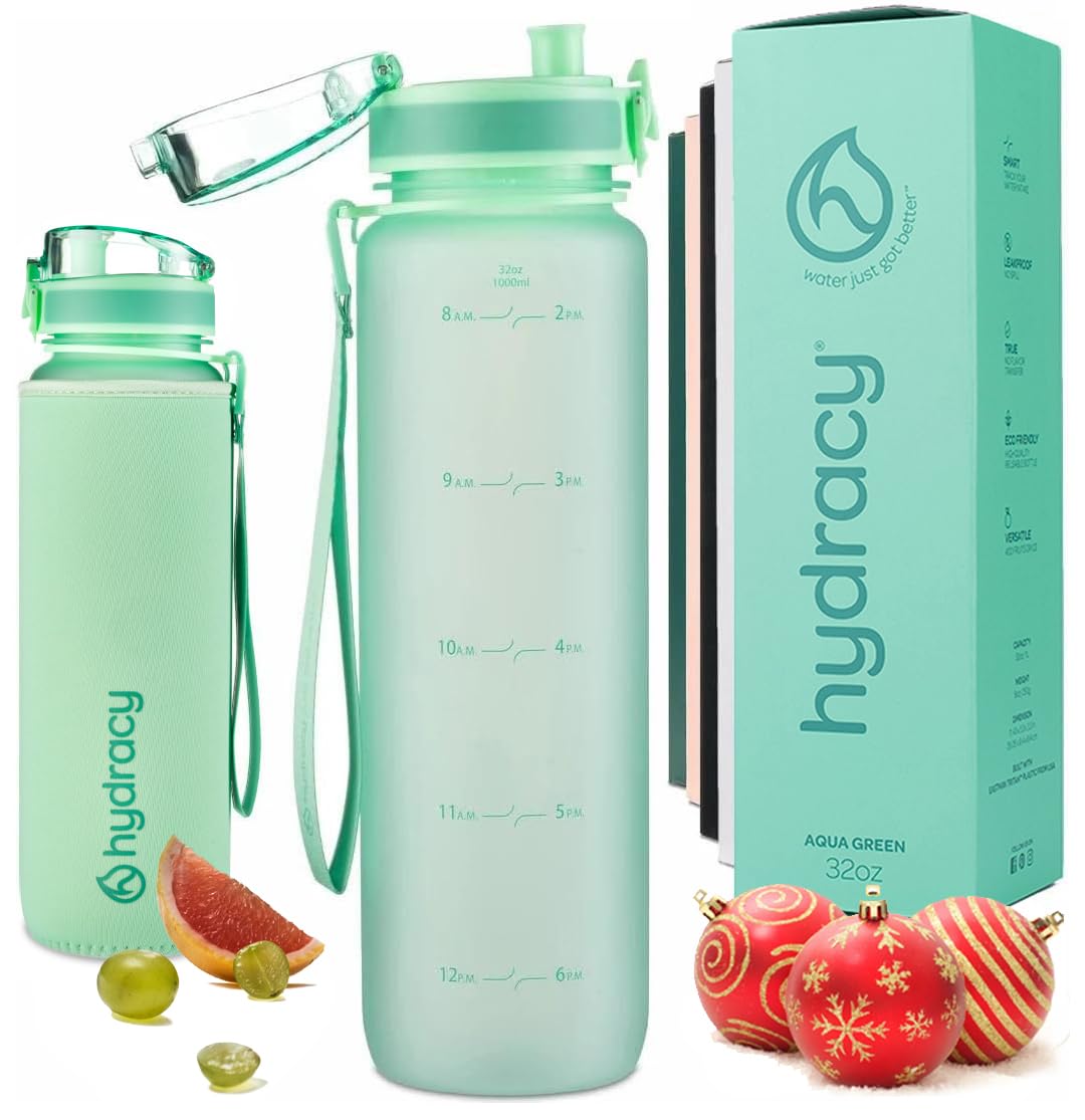 Hydracy Water Bottle with Time Marker -Large BPA Free Water Bottle & No Sweat Sleeve -Leak Proof Gym Bottle with Fruit Infuser Strainer & Times to Drink -Ideal for Fitness Sports & Outdoors