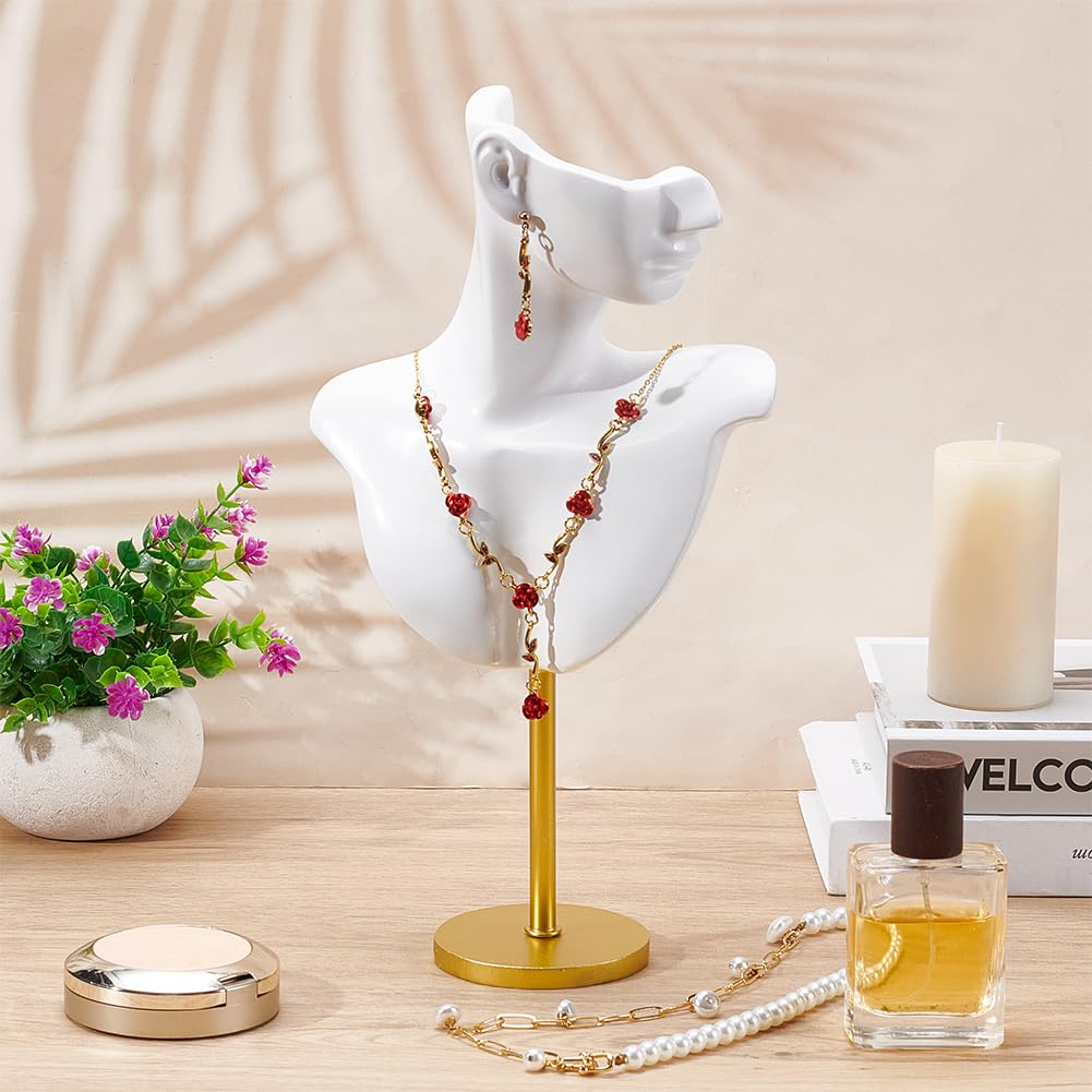 UNICRAFTALE Gioielli Mannequin Espositore in Resina Bianca Corpo Laterale Modello Busto Gioielli E Orecchino Espositore Con Base In Metallo Per Orecchini E Collane 7.75x17.5x32.5cm