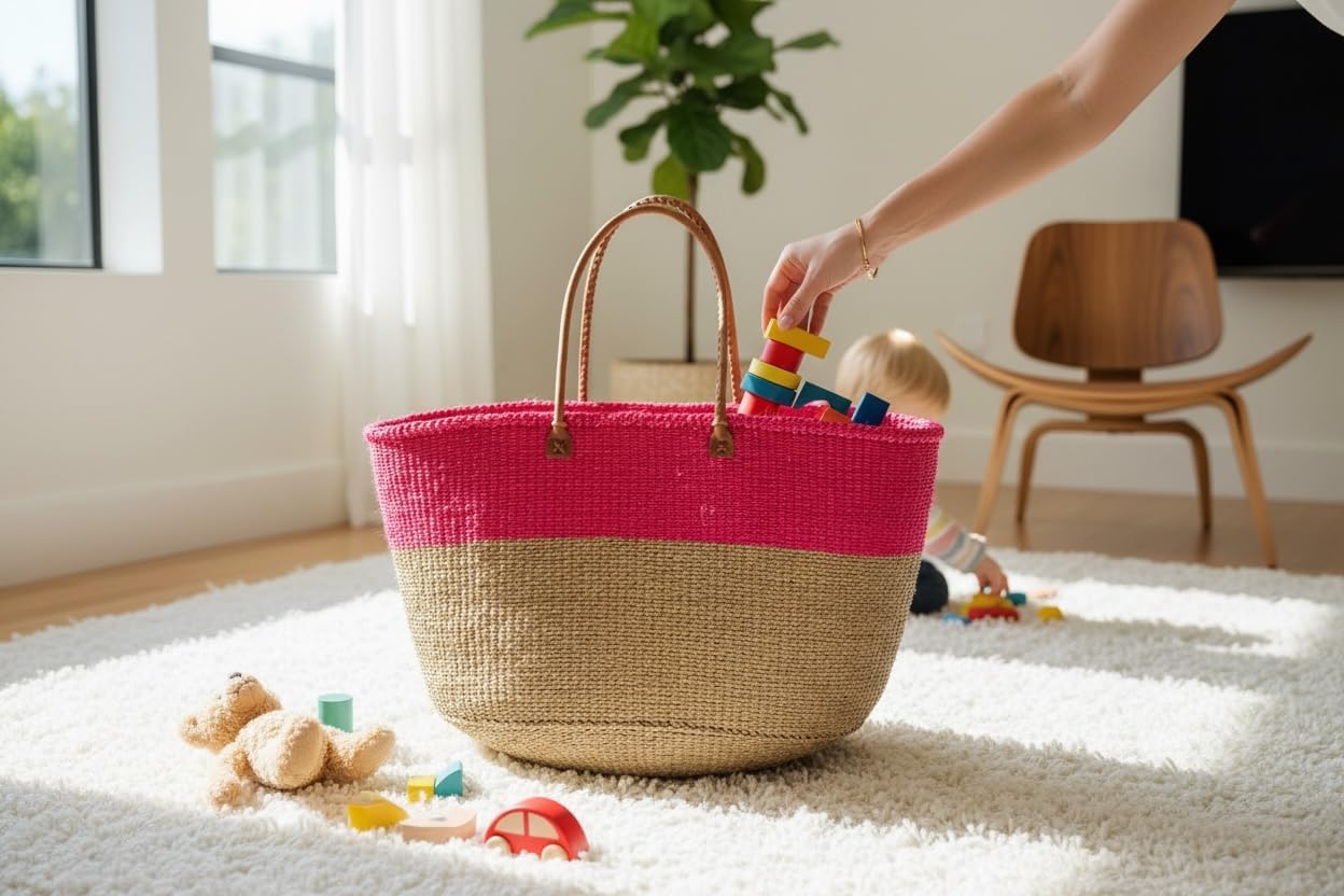 Extra Large Shoulder Bag Beach Bag Kiondo Kenya Fair Trade: Pink and Tan Length: 25" x Height: 13" With Straps: 19"