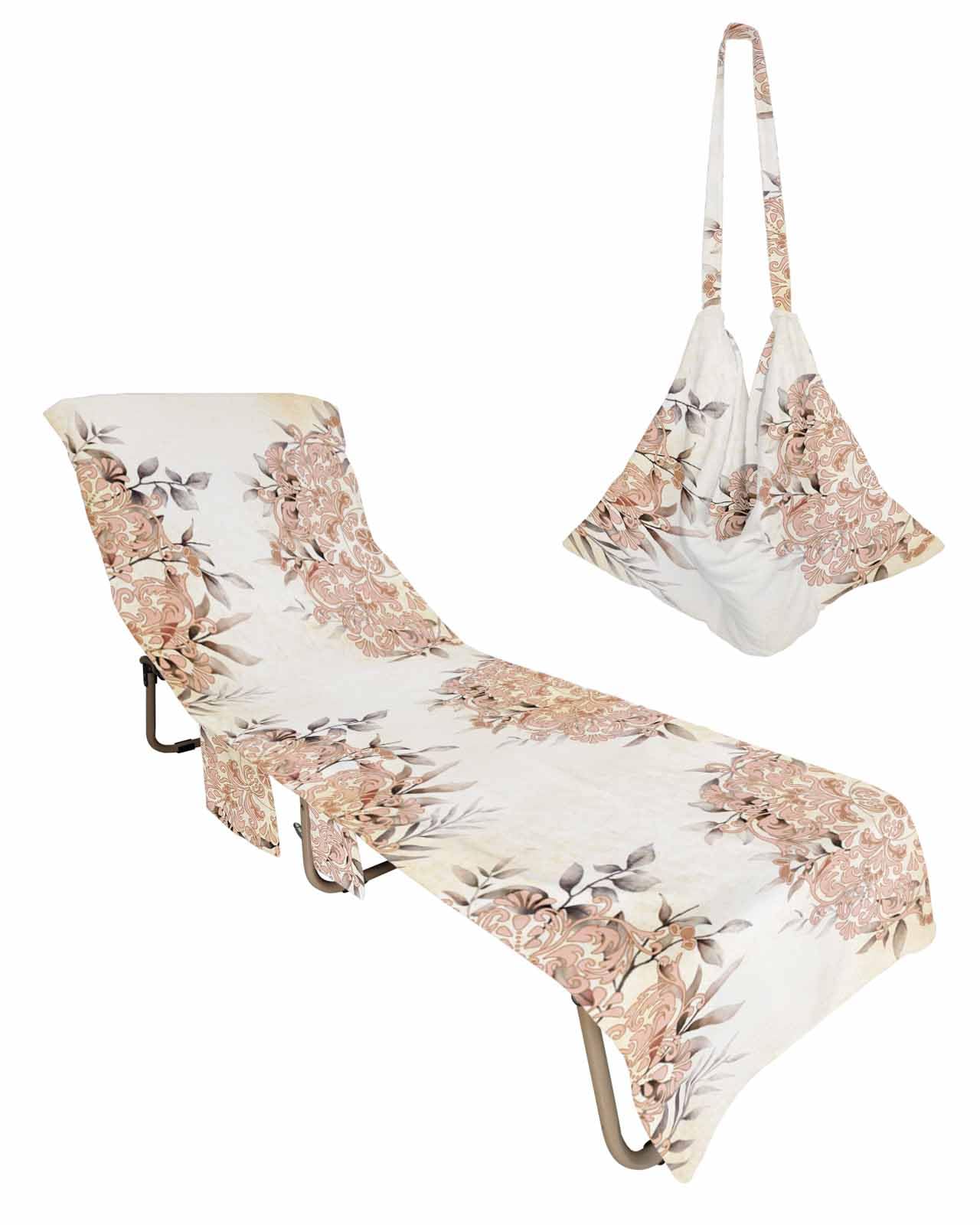 Mandala Flower Beach Chair Towel Covers for Chaise Lounge with Side Pocket, Soft Plush Pool Towels Cover for Patio Sunbathing Outdoor 29''x85'' Boho Traditional European Beige Orange