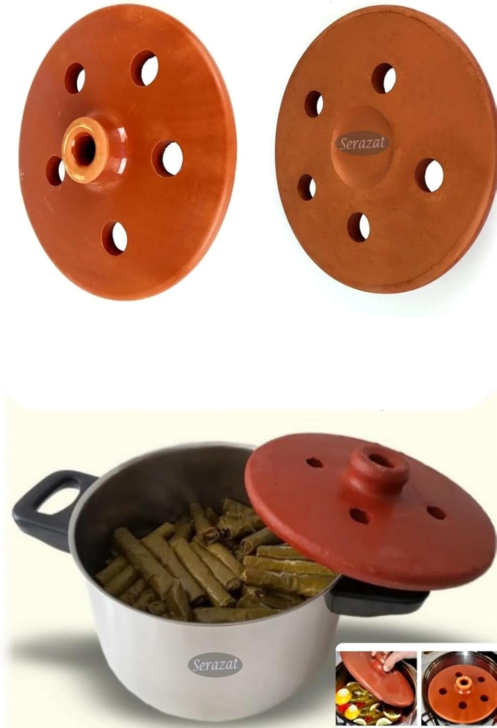 Serazat Handmade Clay Pot Dolma Lid Cover-Terracotta Glazed Grape Leaf Roll Lid Natural Earthenware Weighted Cooking Grill Plate for Dolma Perfect Tool for Stuffed Dishes! (Medium 8.2 in)