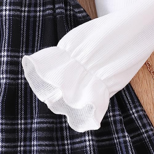 Image of Toddler Little Girl's Long Ruffle Sleeve Solid Top and Plaid Belted A-line Skirt Set with Hat