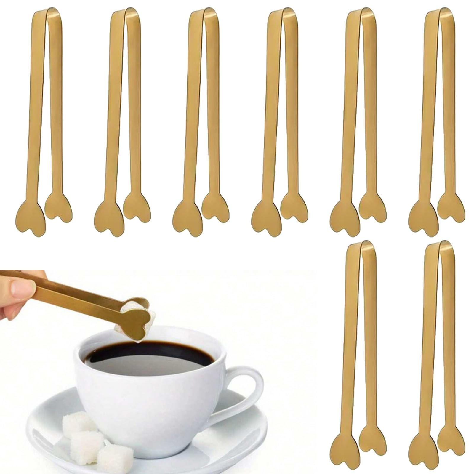 Larfraecy 8pcs Mini Metal Tongs,5.7 Inch Stainless Steel Small Tongs for Serving Food Sweet Dessert Sugar Cubes Salad Ice Cubes Appetizers Buffet Toaster Camping Kitchen Banquet Coffee Bar(Gold)