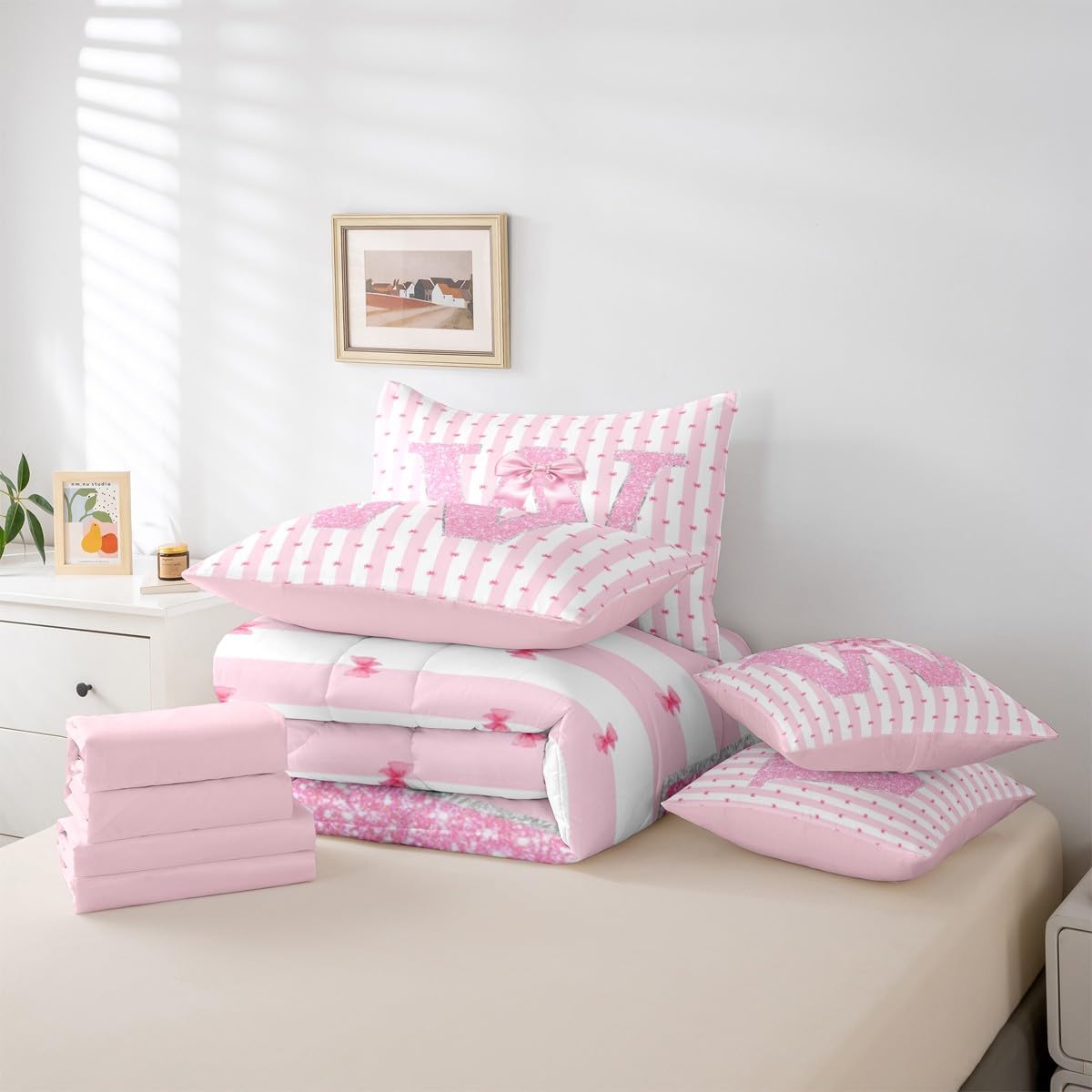 Erosebridal Pink Bow 7 Pcs Bedding Set Alphabet W Girls Bed in A Bag Queen Sizebowknot Glitter Comforter Set with Sheets for Kids Teens Bedroom Decor Dreamy Princess Bed Sets - Image 5