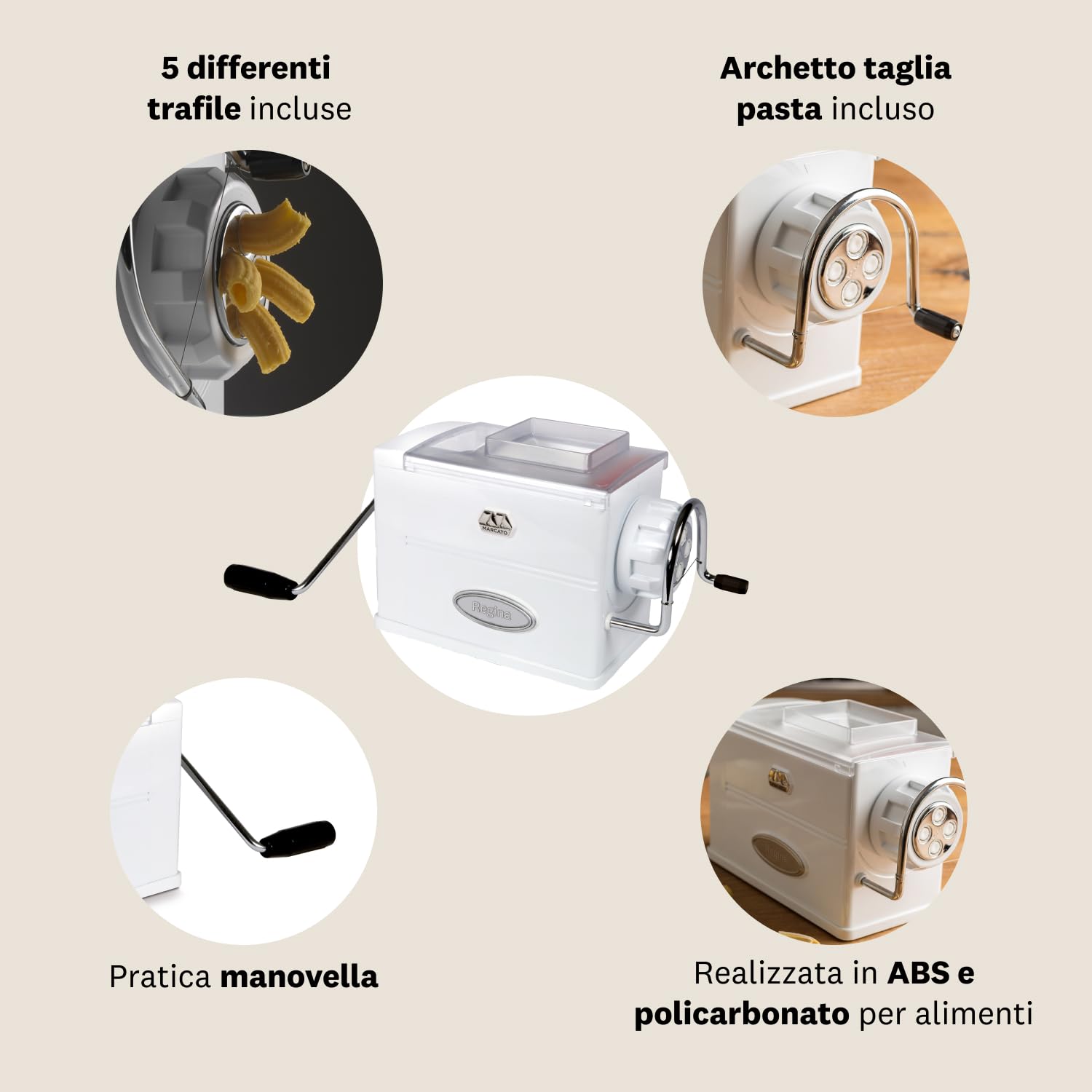 Marcato RE17-REGINA Macchina Manuale per Pasta Estrusa Corta e Lunga, Plastica, Bianco, Linea Premium.