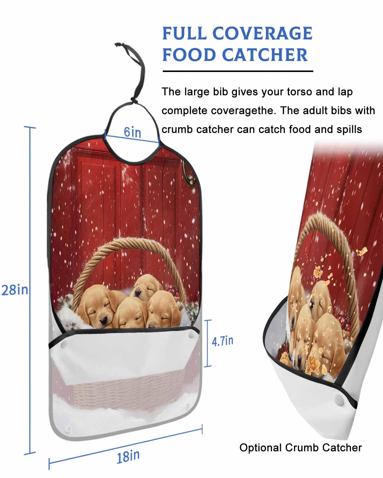 Onekaccu Christmas Adult Bibs for Elderly Women Men Washable Bibs for Eating, Winter Funny Cute Dog Puppy Berry Red Xmas Waterproof Clothing Protectors Adult Bibs with Crumb Catcher