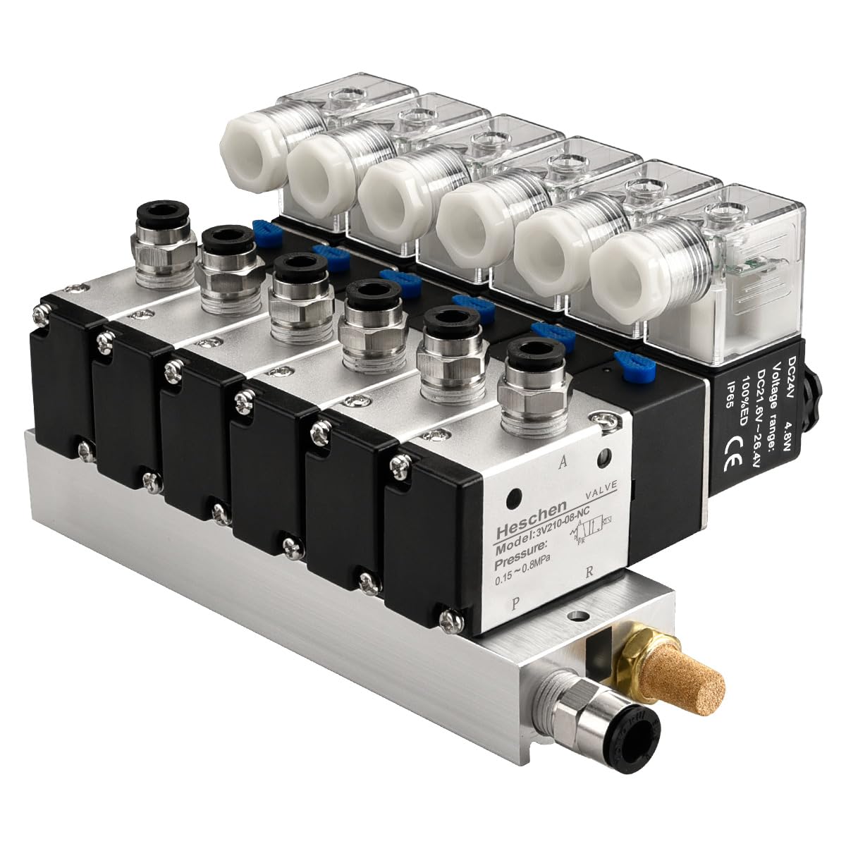 Heschen Válvula solenoide neumática eléctrica de 6, 3V210-08, DC24V, PT1/4, 3/2 vías, conjunto de accesorios rápidos de silenciador base colector