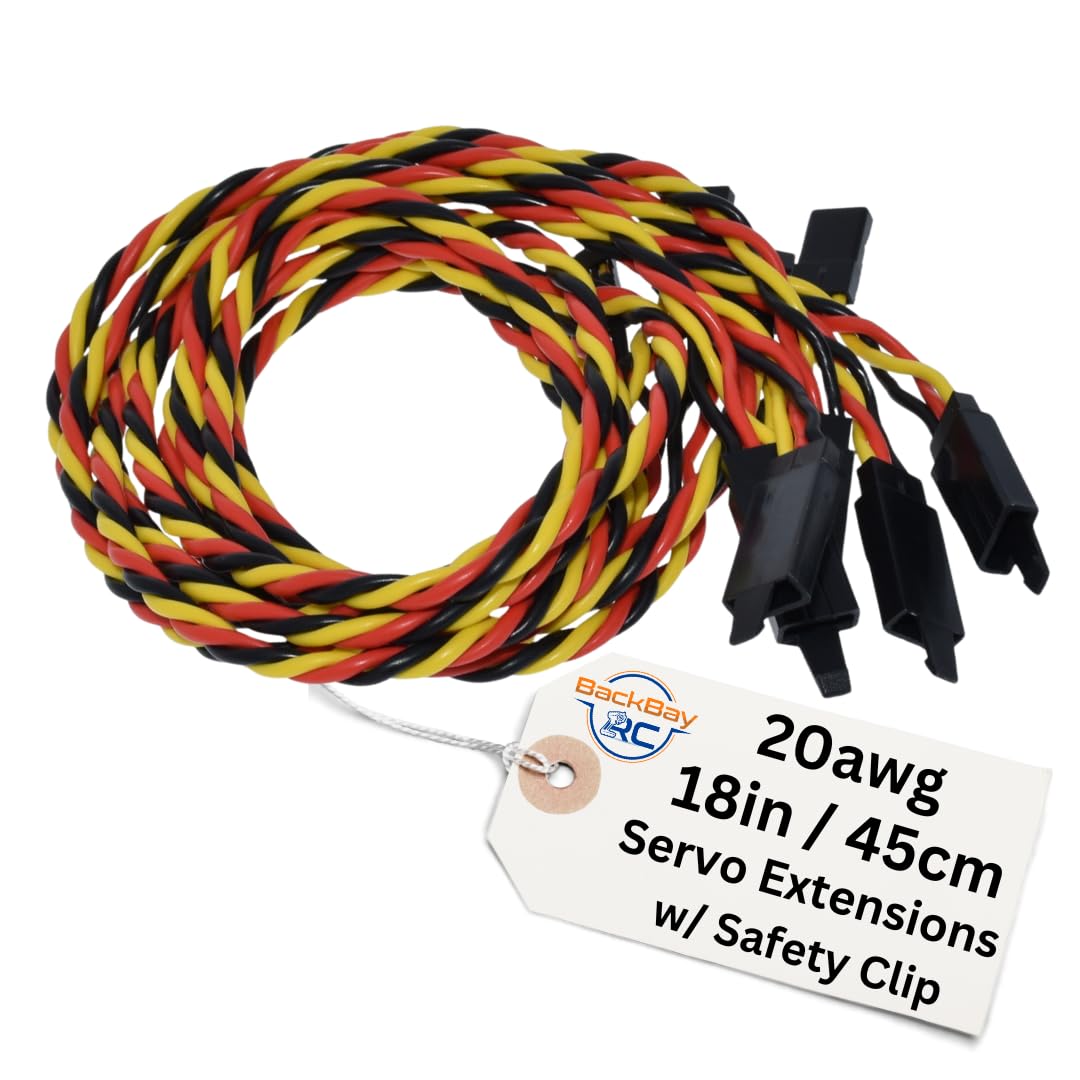 BackBayRC 20 AWG Twisted Servo przedłużacz z klipsem zabezpieczającym, 100 żył, pozłacane piny, izolacja silikonowa, wtyczka JR Style, 45 cm (18 cali), 5 sztuk