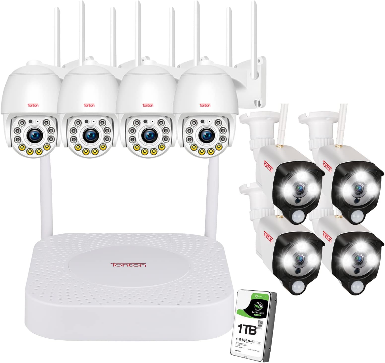 Tonton 10CH CCTV Camera System Wireless Outdoor, 5MP NVR with (4) 3MP PT Cameras and (4) 3MP Bullet IP Cameras, Motion Detection, P2P Remote View, 2-Way Audio, Color Night Vision, 1TB Hard Drive
