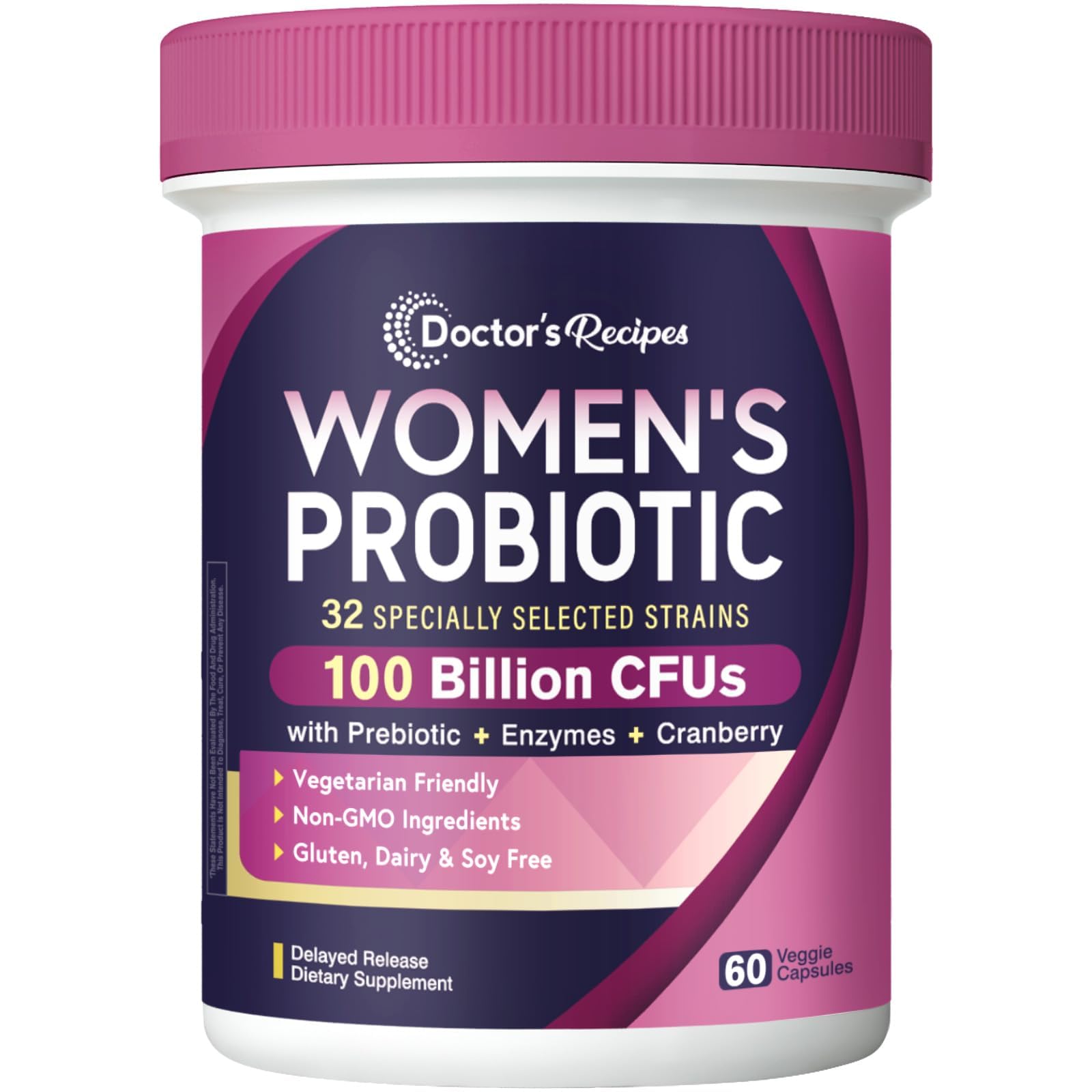 Doctor's Recipes Probiotics for Women, 100 Billion CFU 32 Strains, with Prebiotic Fiber, Enzymes & Cranberry, Vaginal Urinary Digestive & Immune, No Yeast, Shelf Stable, Delayed Release, 60 Caps