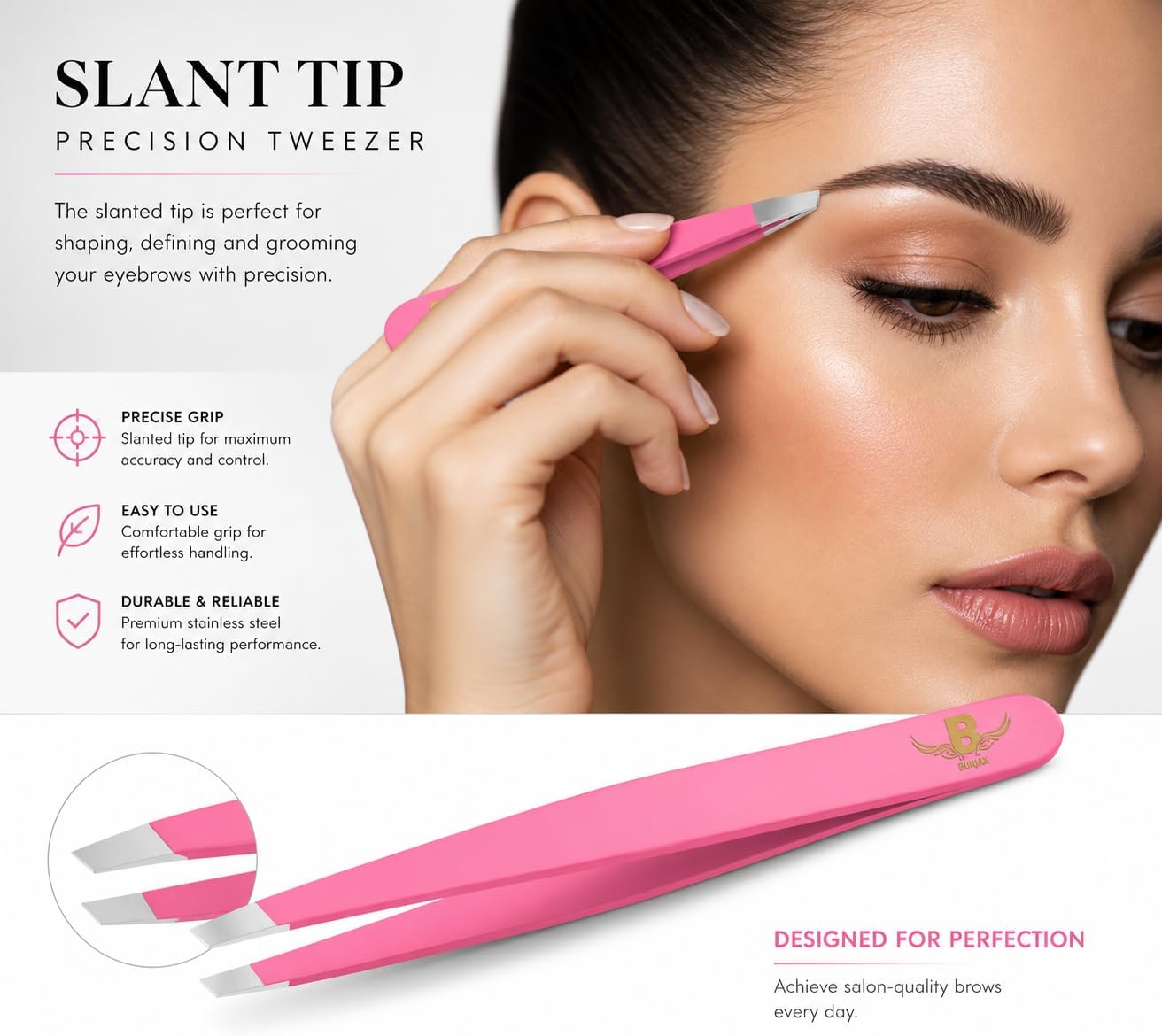 Professional Eyebrow Tweezers, Precision Slant Tip Stainless Steel Tweezers for Women & Men, Eyebrow Hair Remover for Ingrown Hair, Splinters, Facial Hair & Beauty Grooming (Pink (Special For Women)) image 4